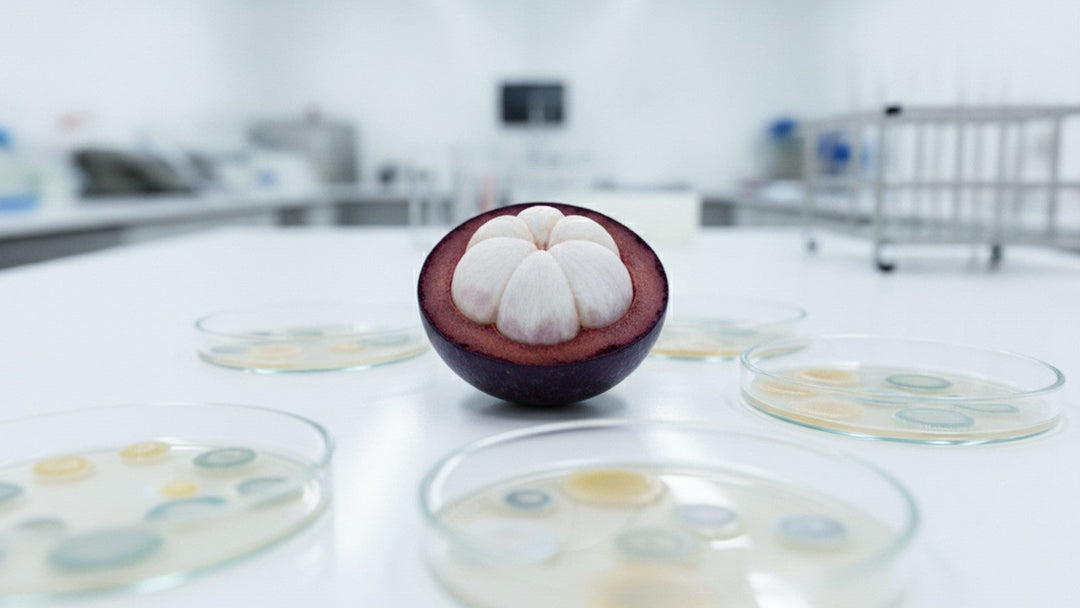 Cut mangosteen fruit on laboratory bench with petri dishes