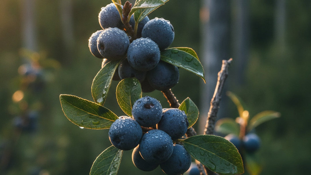 Deep purple maqui berries on branch in natural forest setting