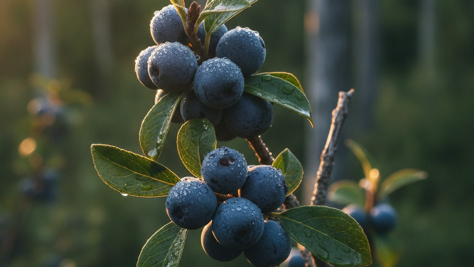 Deep purple maqui berries on branch in natural forest setting