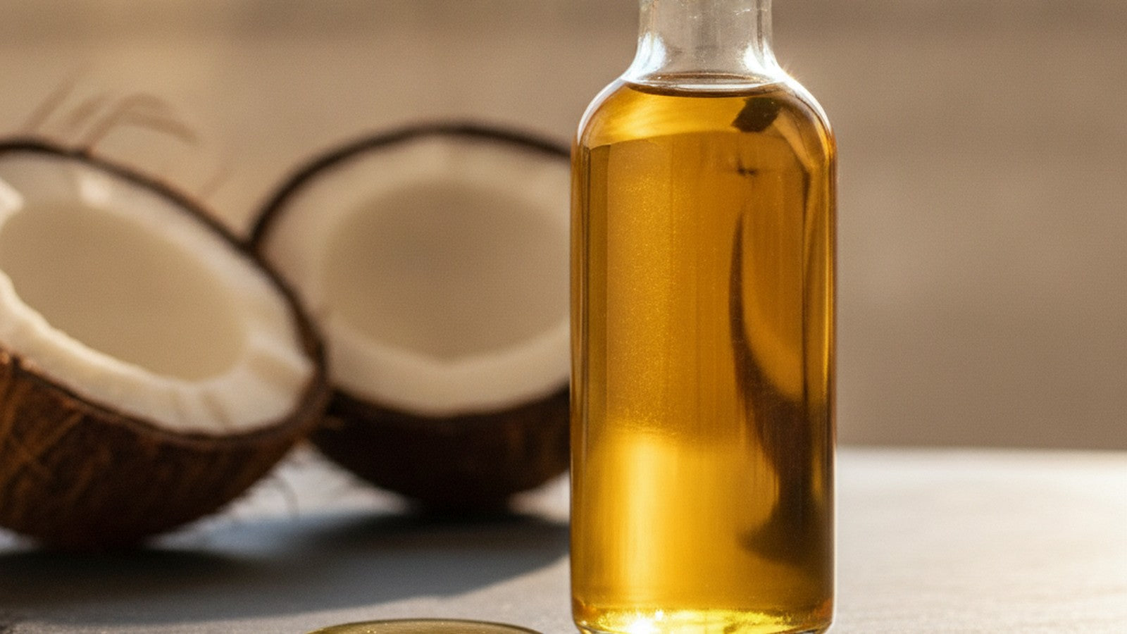 Bottle of MCT oil with golden liquid on dark surface