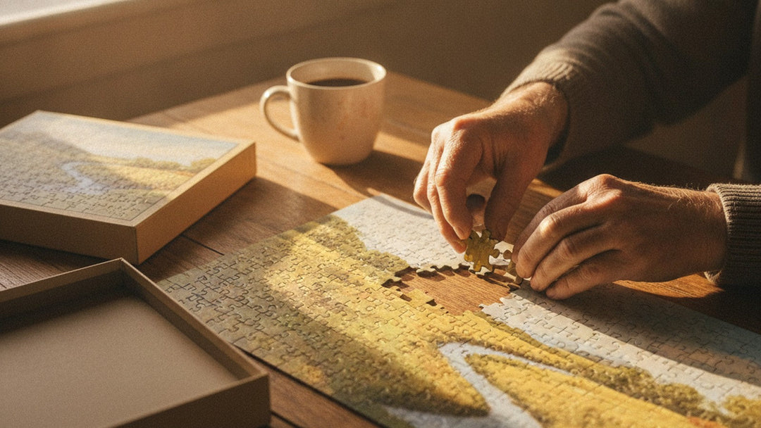 Hands placing jigsaw puzzle piece on table