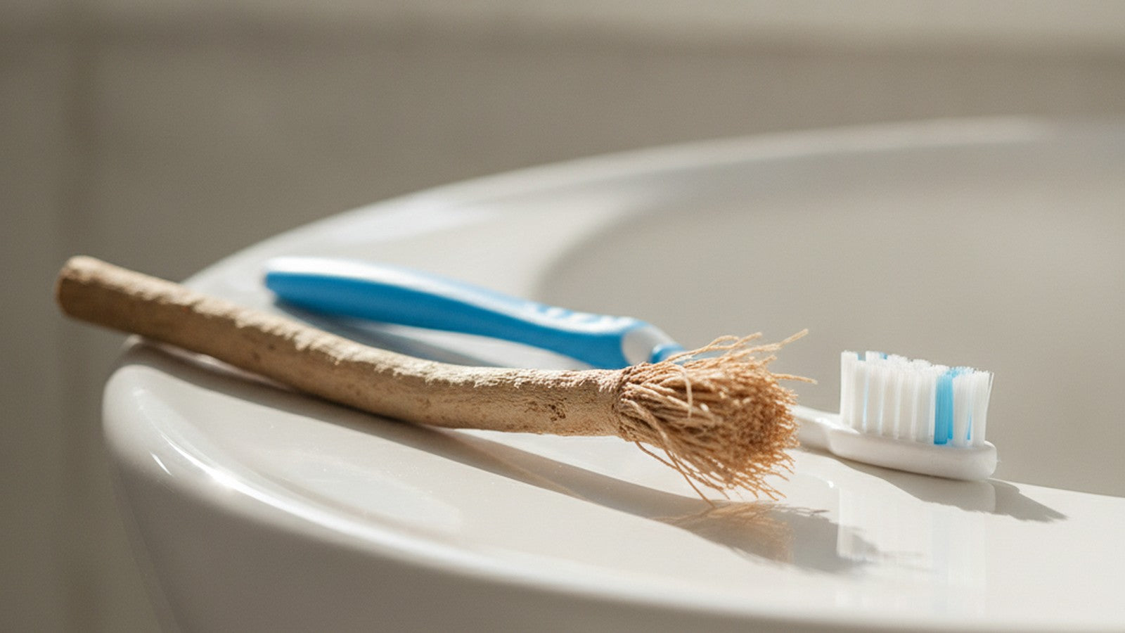Miswak root stick with exposed fibrous end next to modern toothbrush