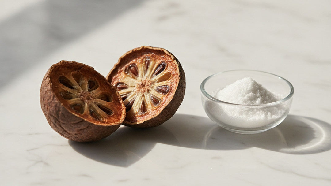 Dried monk fruit cut in half showing interior, with white powder in glass dish