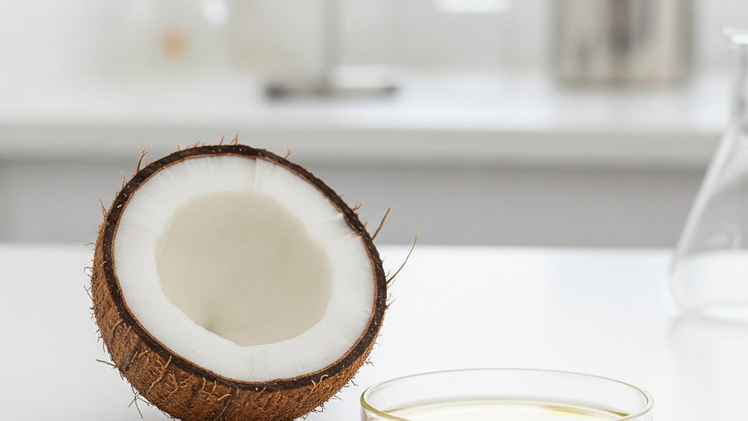 Halved coconut and petri dish with oil on laboratory bench