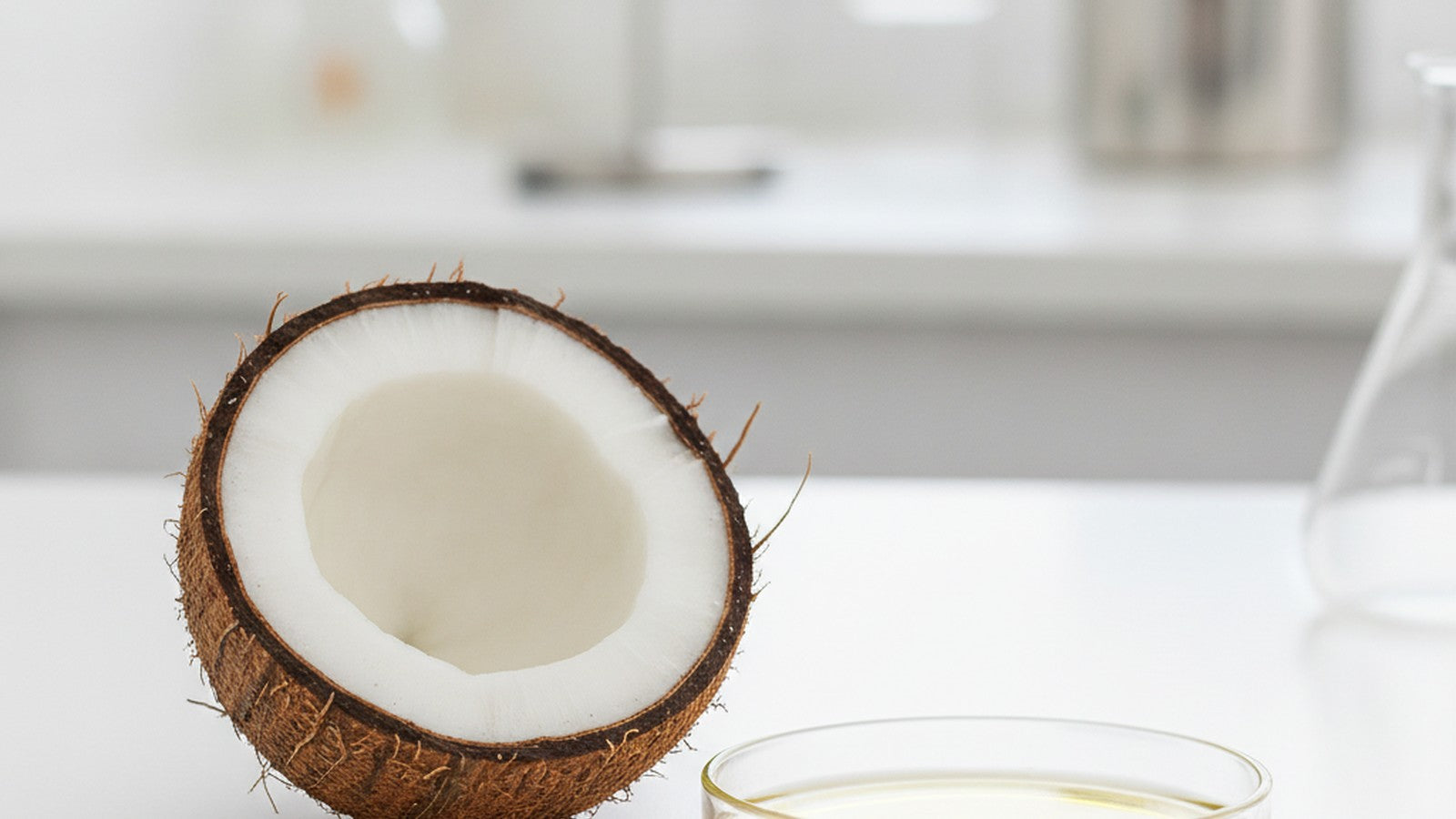 Halved coconut and petri dish with oil on laboratory bench