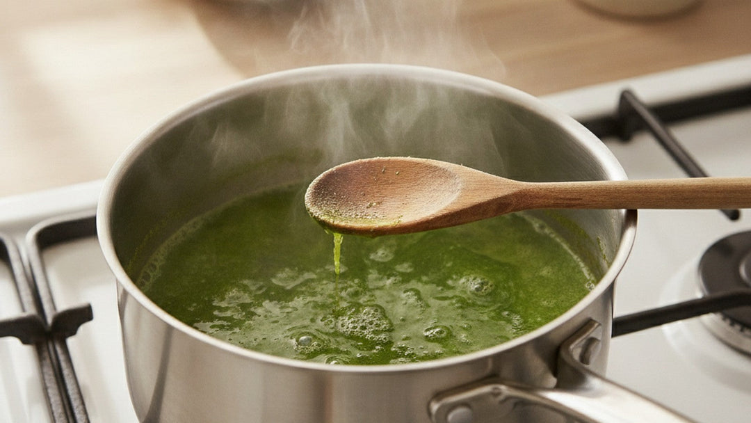 Moringa powder being heated in a saucepan on a stove