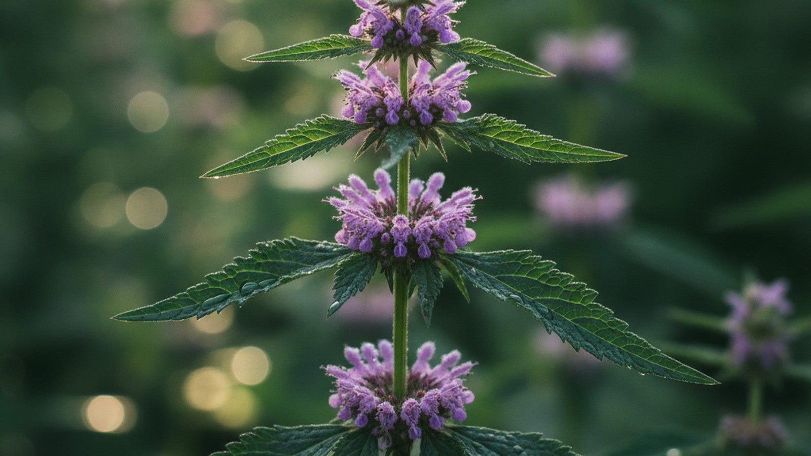 Fresh motherwort plant with purple flowers and serrated leaves
