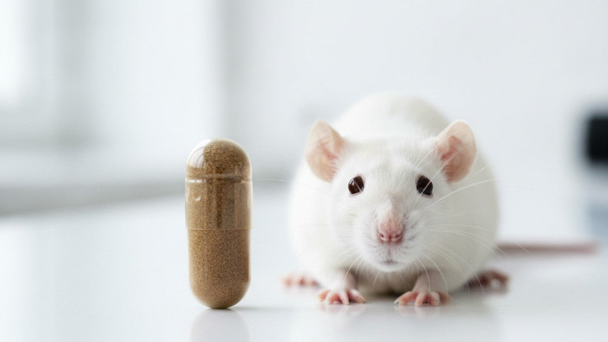 Supplement capsule beside laboratory rat on white surface