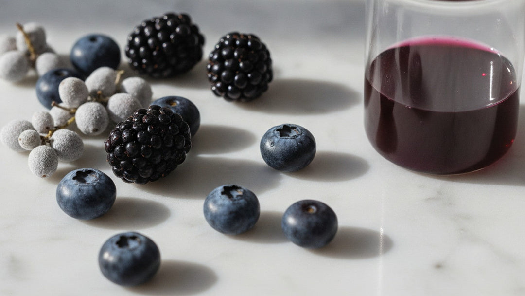 Fresh berries and purple flavonoid extract on marble surface