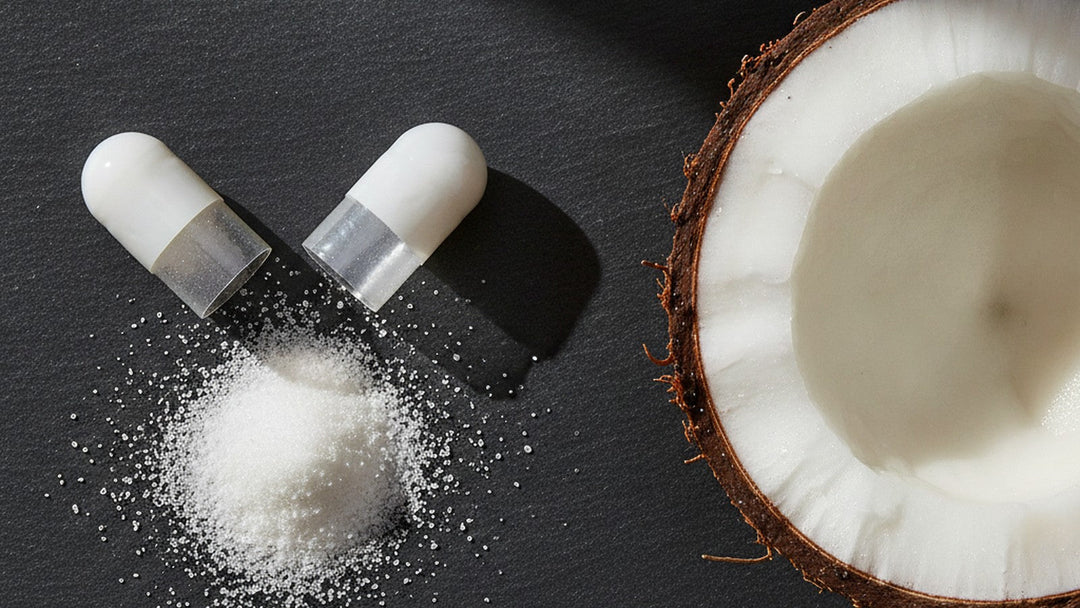White supplement capsule with powder next to halved coconut on dark surface