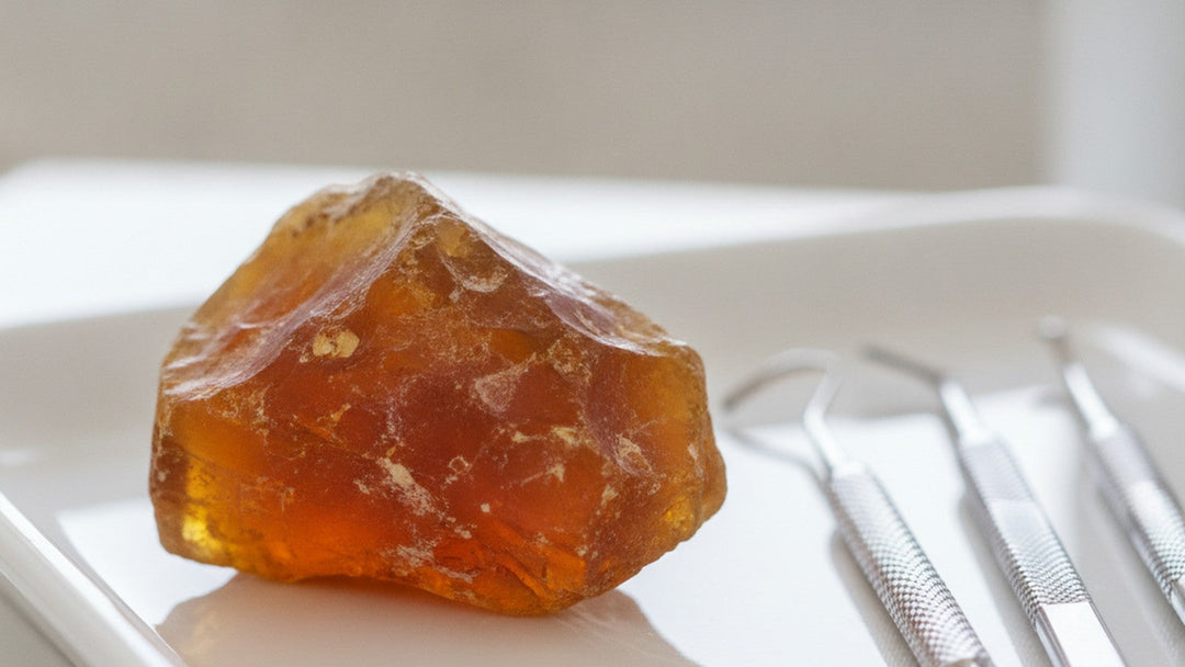 Myrrh resin on dental tray with periodontal tools