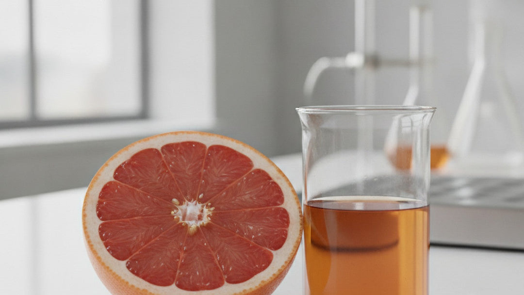 Halved grapefruit and beaker on laboratory counter