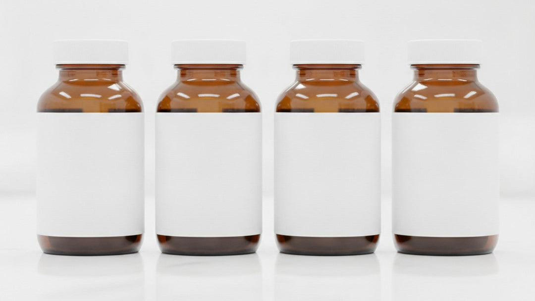 Supplement bottles on laboratory counter