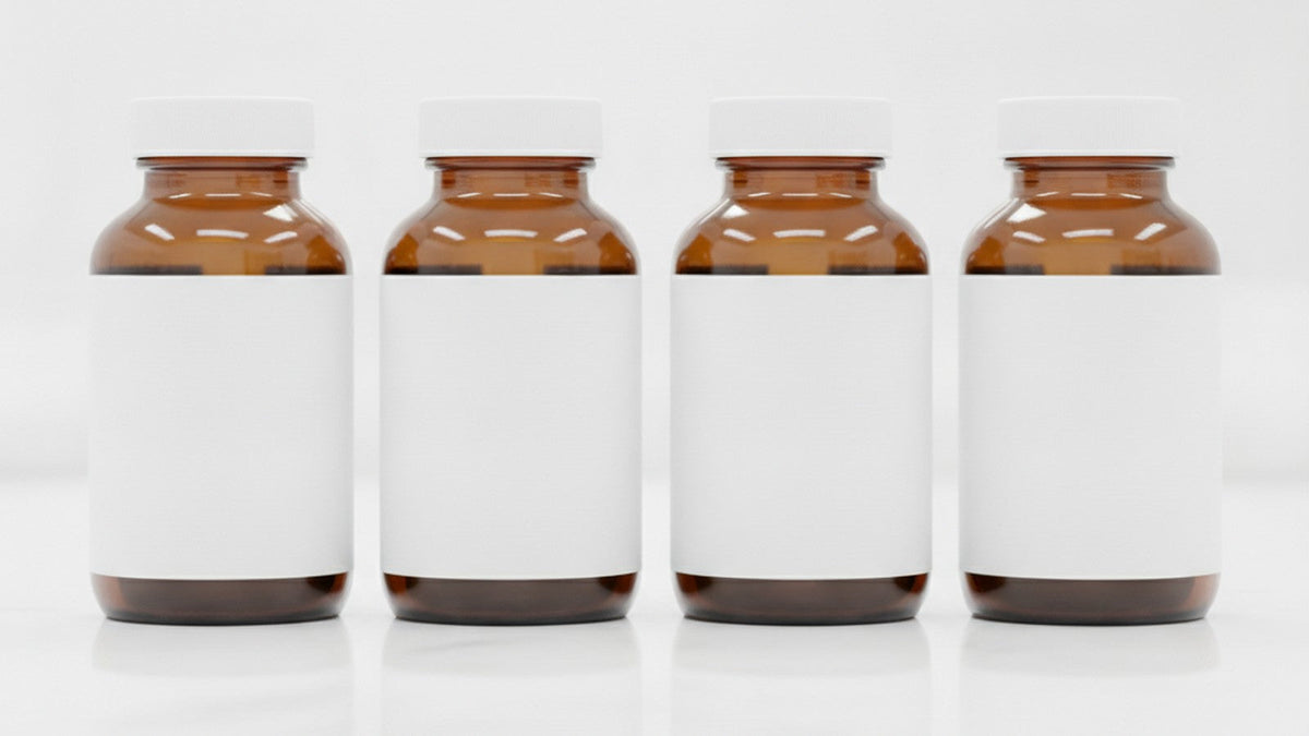 Supplement bottles on laboratory counter