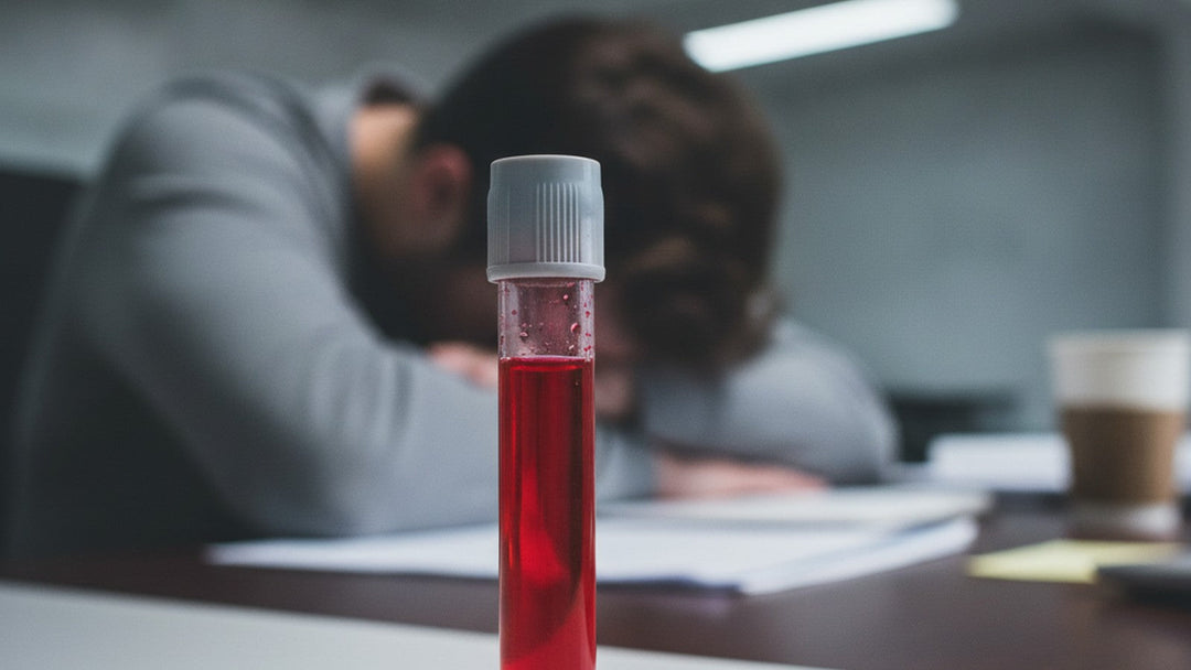 Blood vial with normal results next to exhausted person at desk