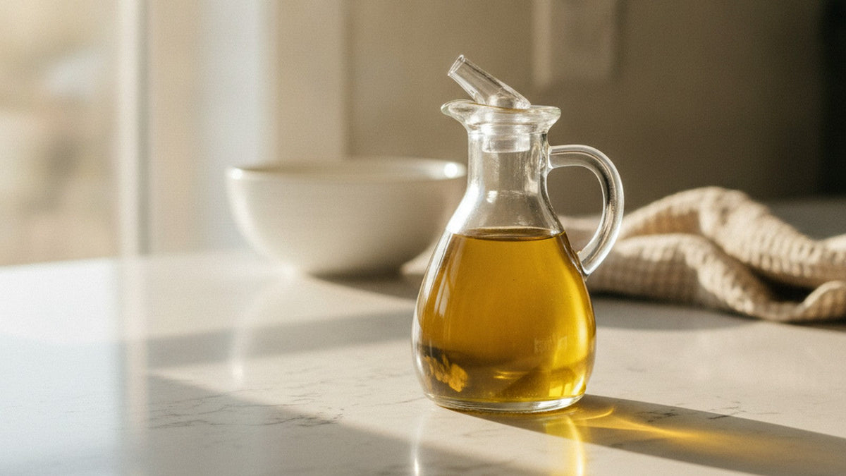 Glass bottle of olive oil on marble counter in natural sunlight