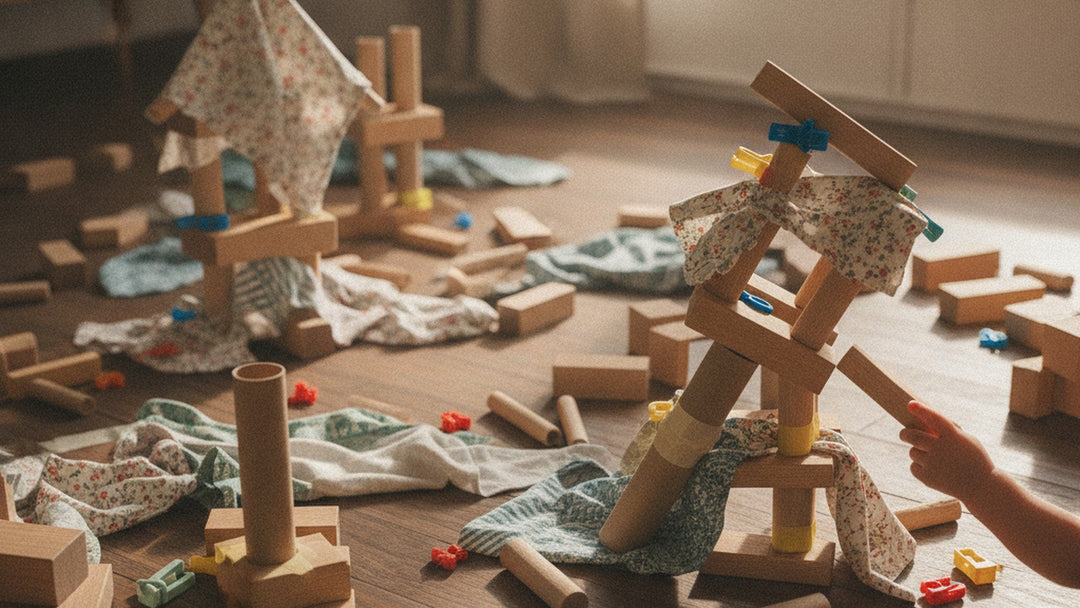 Child building with mixed blocks and materials on living room floor