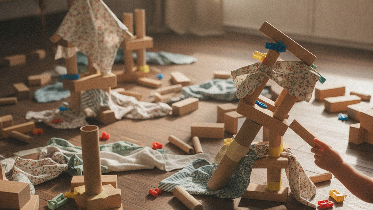 Child building with mixed blocks and materials on living room floor