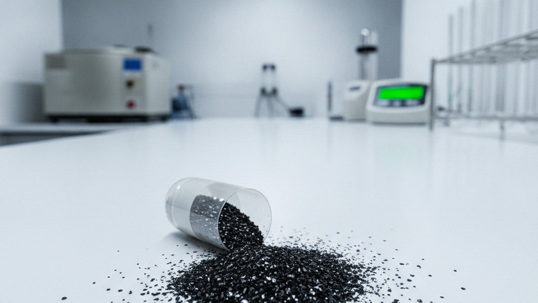 Black metallic osmium powder spilling from supplement capsule