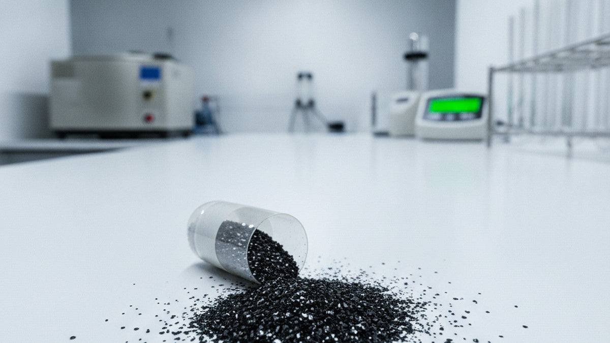 Black metallic osmium powder spilling from supplement capsule