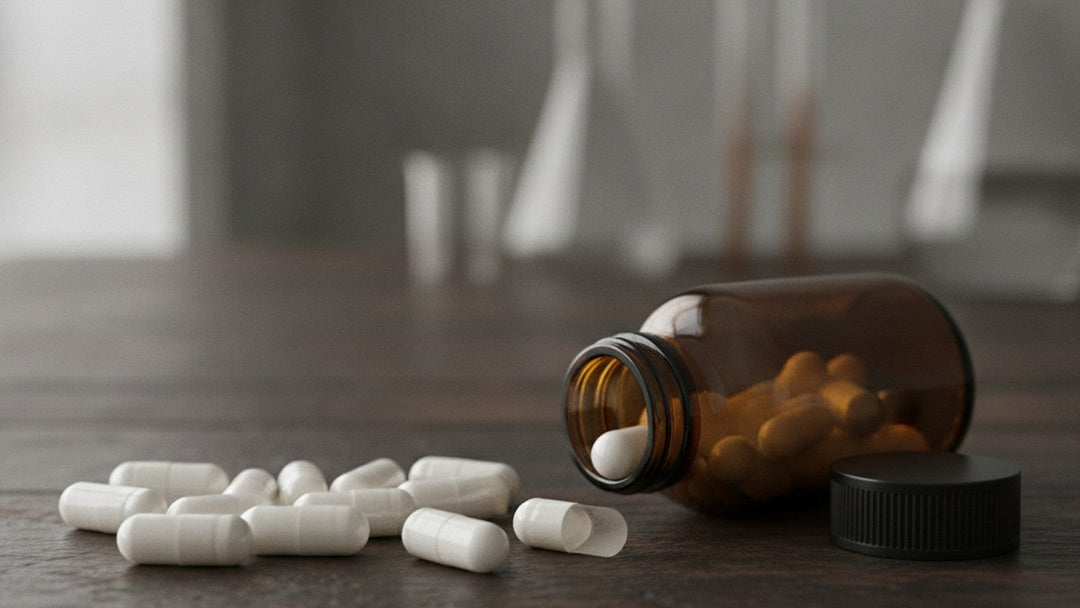 Oxaloacetate supplement capsules on laboratory bench