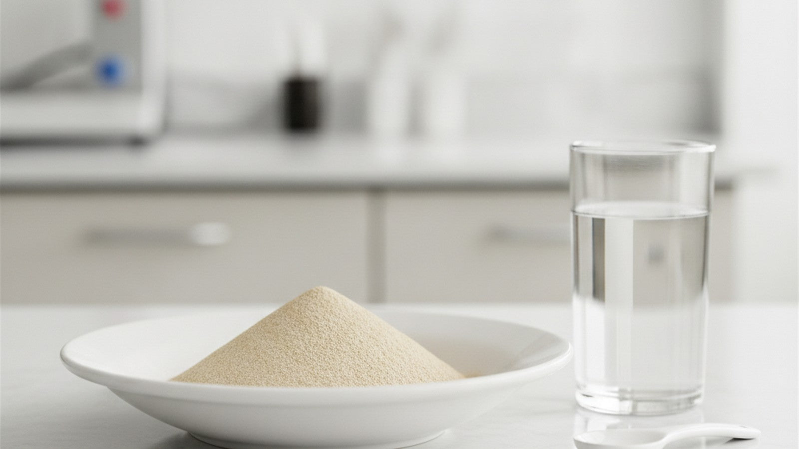 Bowl of oyster mushroom powder beside glass of water on laboratory bench