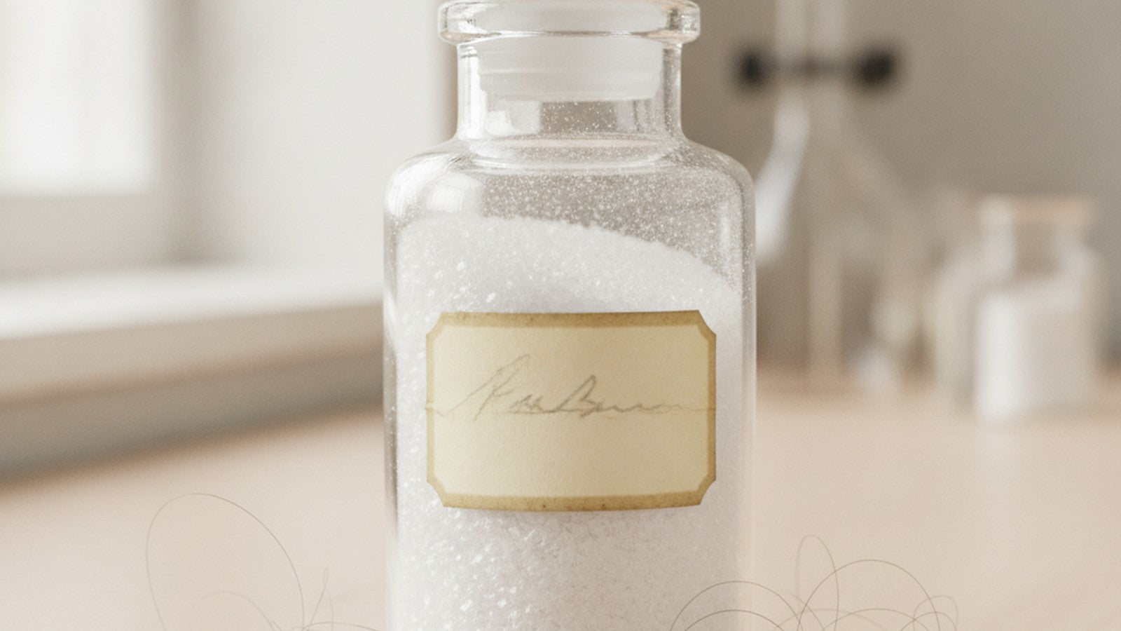 PABA powder in vintage glass jar next to gray and dark hair strands on lab bench