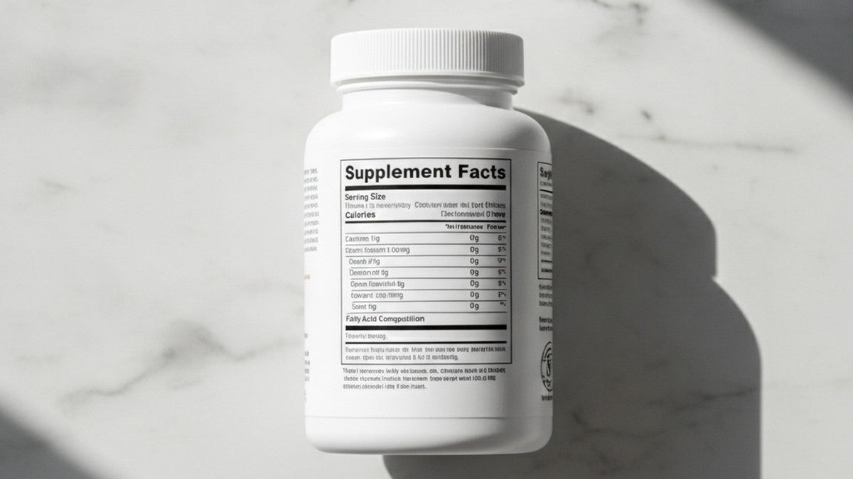 Supplement bottle with blank fatty acid composition on label
