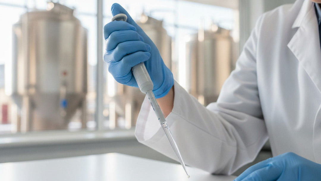 Lab technician working with probiotic cultures and fermentation equipment