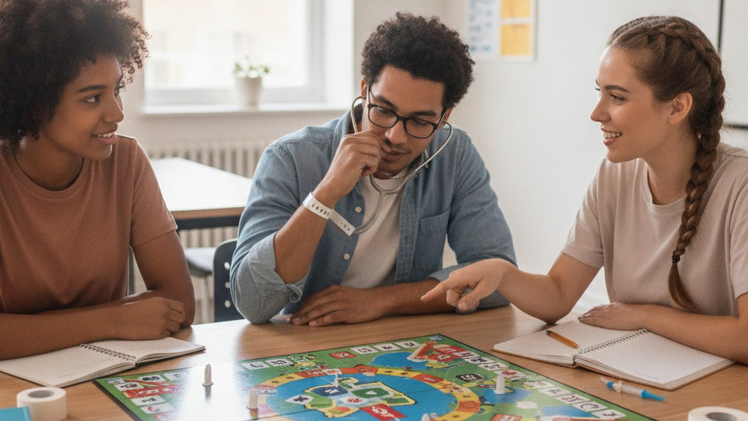 Nursing students playing role-rotation patient simulation board game at classroom table