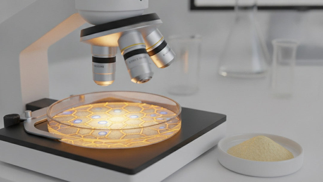 Microscope examining intestinal cells beside pea protein powder sample