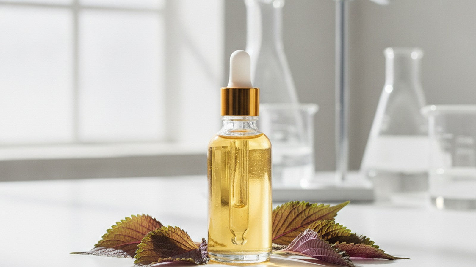 Perilla seed oil bottle with fresh perilla leaves on laboratory bench
