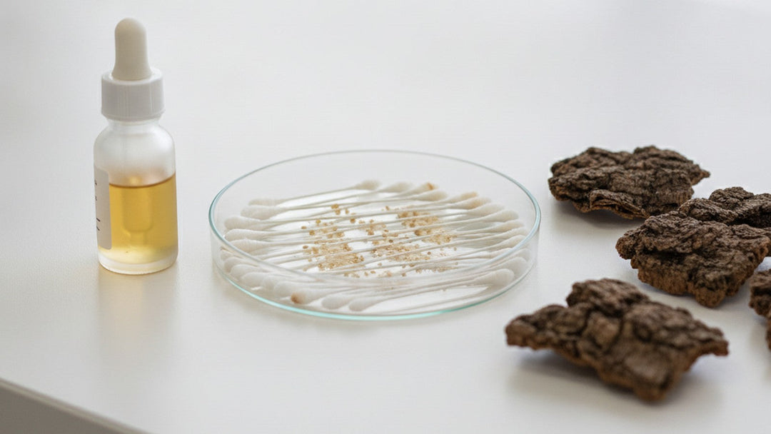 Petri dish with bacterial cultures next to amber extract bottle and tree bark pieces