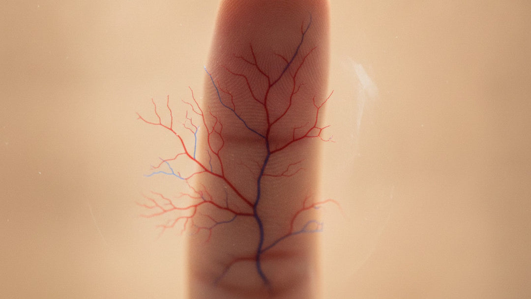 Fingertip pressed against glass showing capillary network