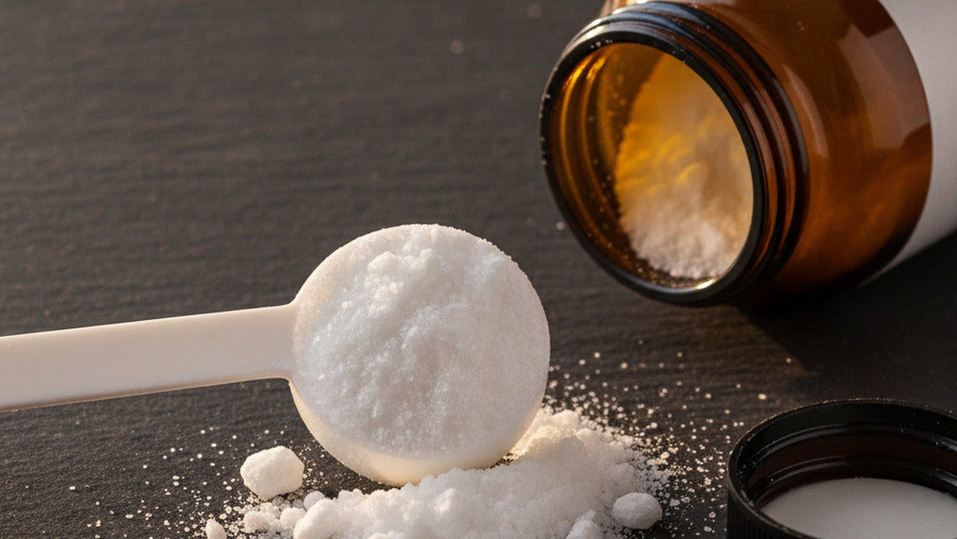 White powder supplement spilling from measuring spoon next to amber bottle