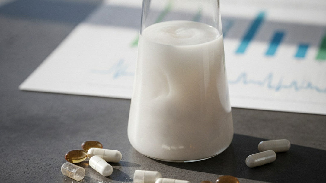 Phosphate solution in laboratory beaker with supplement capsules and kidney function chart