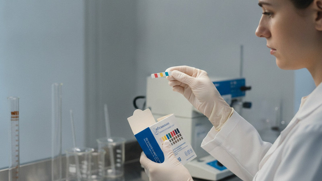Researcher examining vaginal pH test strip in laboratory