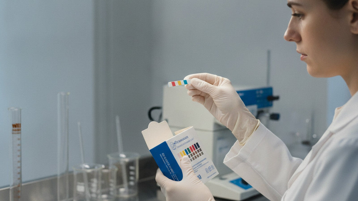 Researcher examining vaginal pH test strip in laboratory