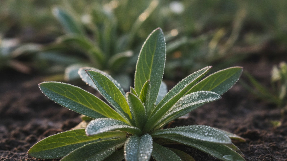 Fresh plantago leaves with dew in soil