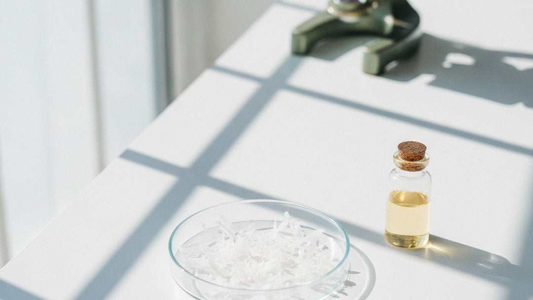 Laboratory petri dish with white plant wax crystals beside glass vial on white surface