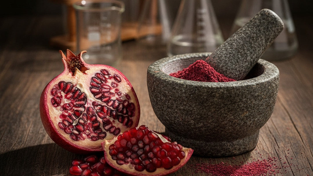 Split pomegranate with arils and ground powder in mortar