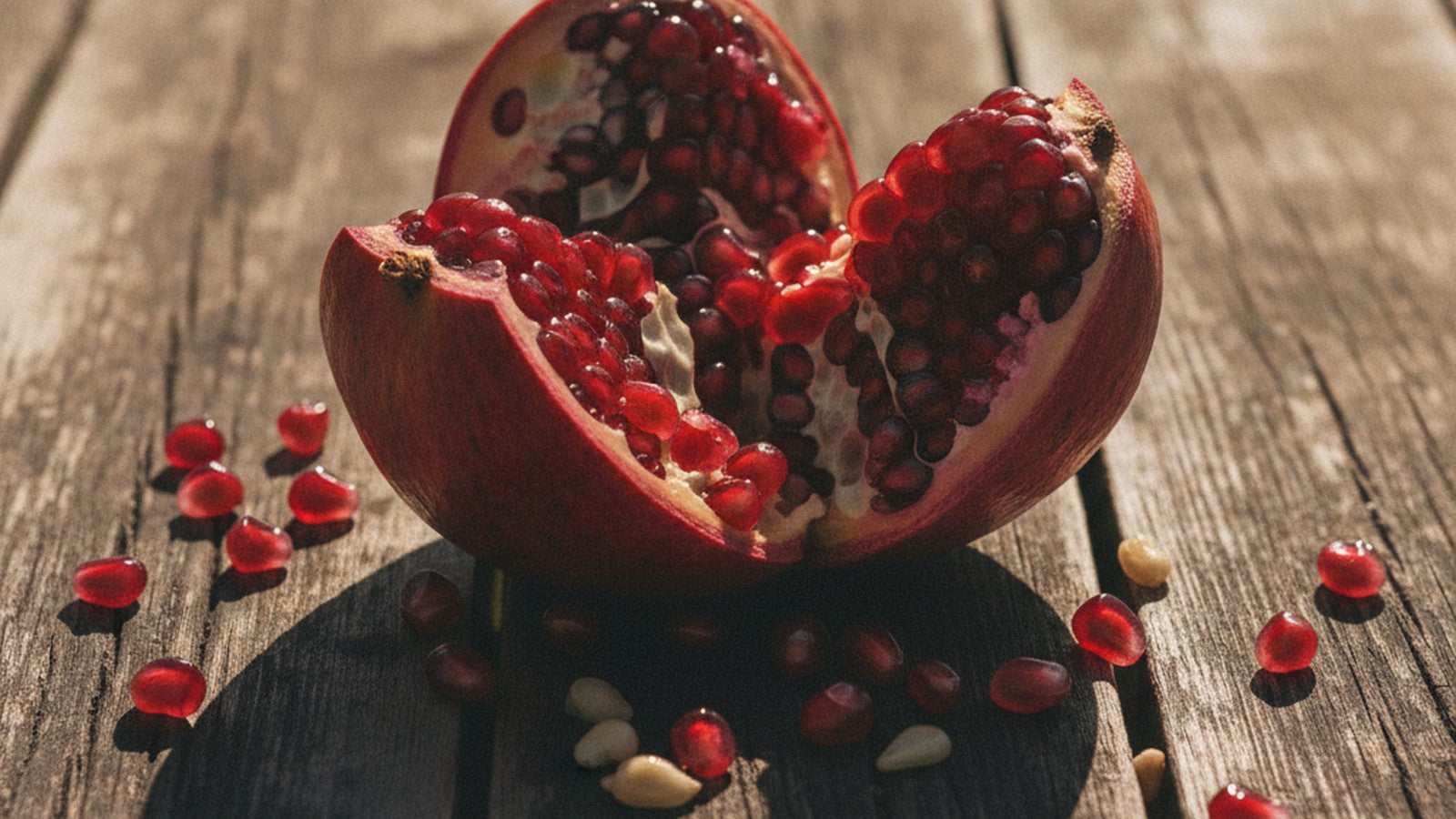 Split pomegranate showing red arils on wooden surface