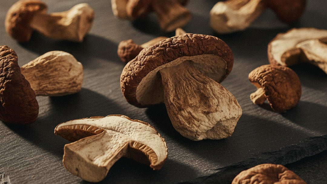 Dried porcini mushrooms on dark slate surface