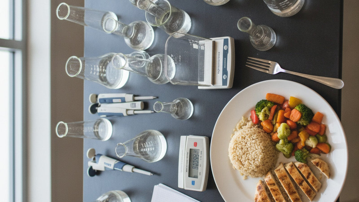 Laboratory glassware with amino acid solutions next to unmeasured whole food meal