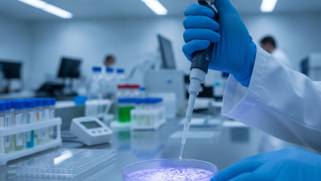 Lab technician pipetting liquid into bacterial culture dish under fluorescent light