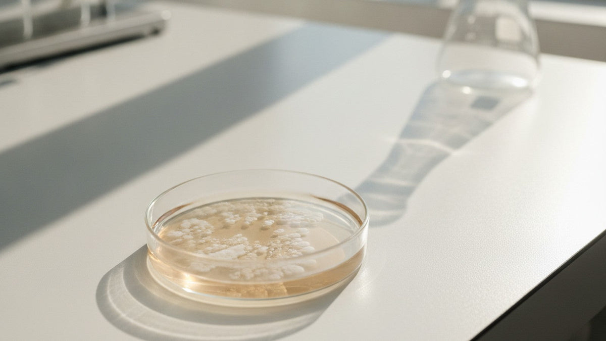 Petri dish with bacterial sediment in amber liquid on laboratory counter