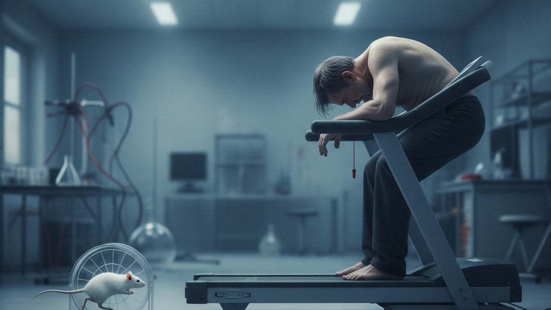 Mouse running energetically in wheel next to tired person on treadmill in lab setting