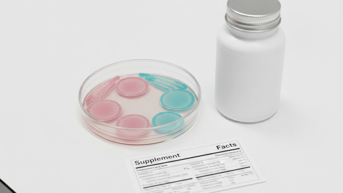 Bacterial culture petri dish next to probiotic supplement bottle on laboratory counter