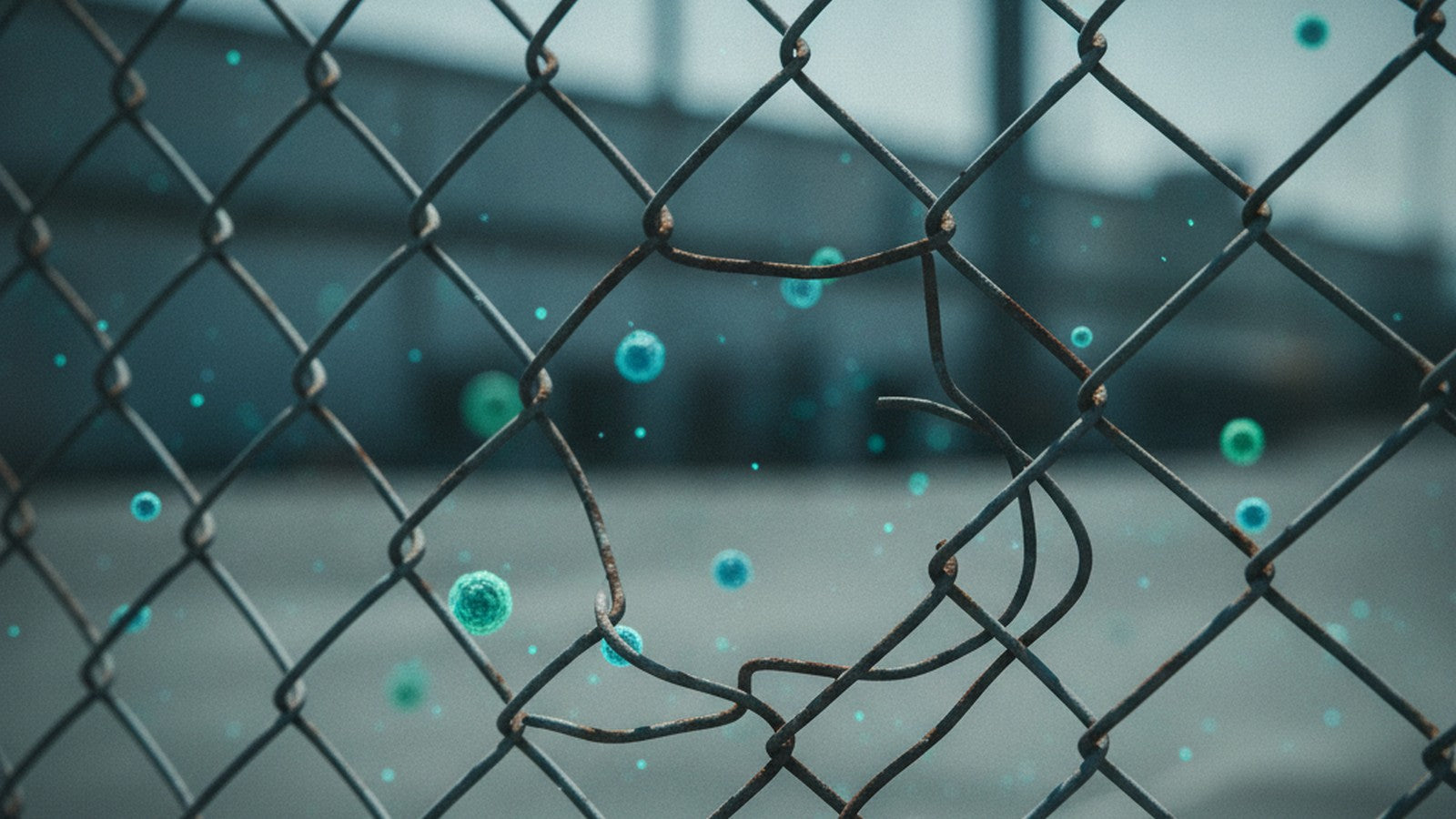 Damaged chain-link fence with gaps showing barrier breakdown