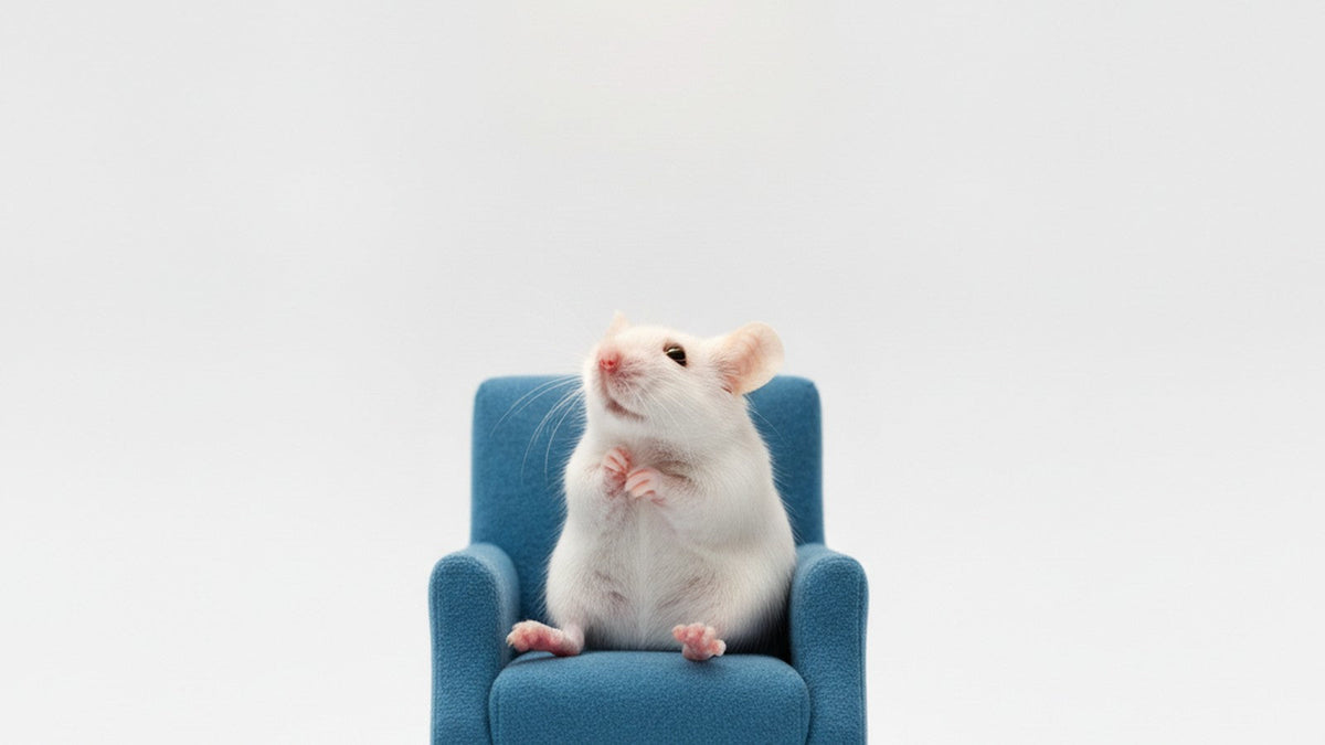 Laboratory mouse in miniature chair under spotlight
